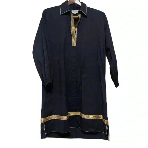 Holly Shae Design Shift Dress Plus Size Navy Blue Metallic Gold Lined Cover-Up - Picture 1 of 10